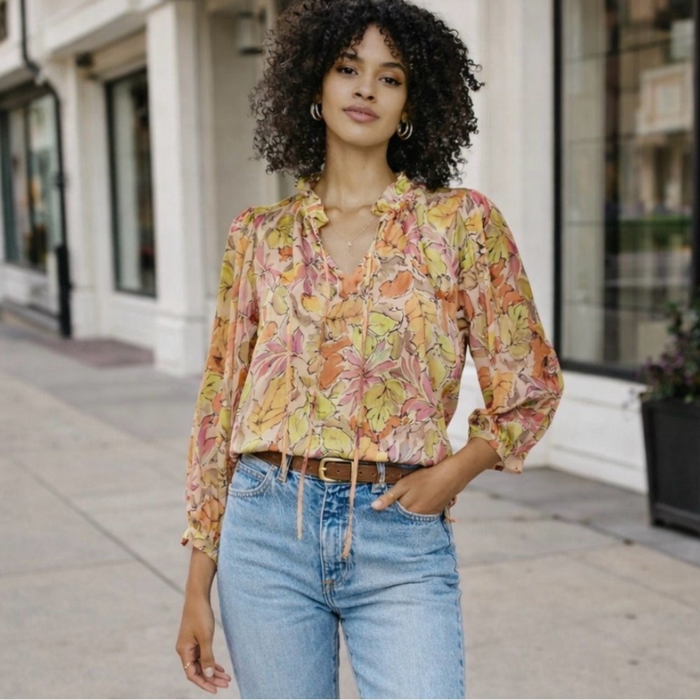 NWT Vince Camuto 3/4 Sleeve Peasant Floral Blouse cream green orange $79